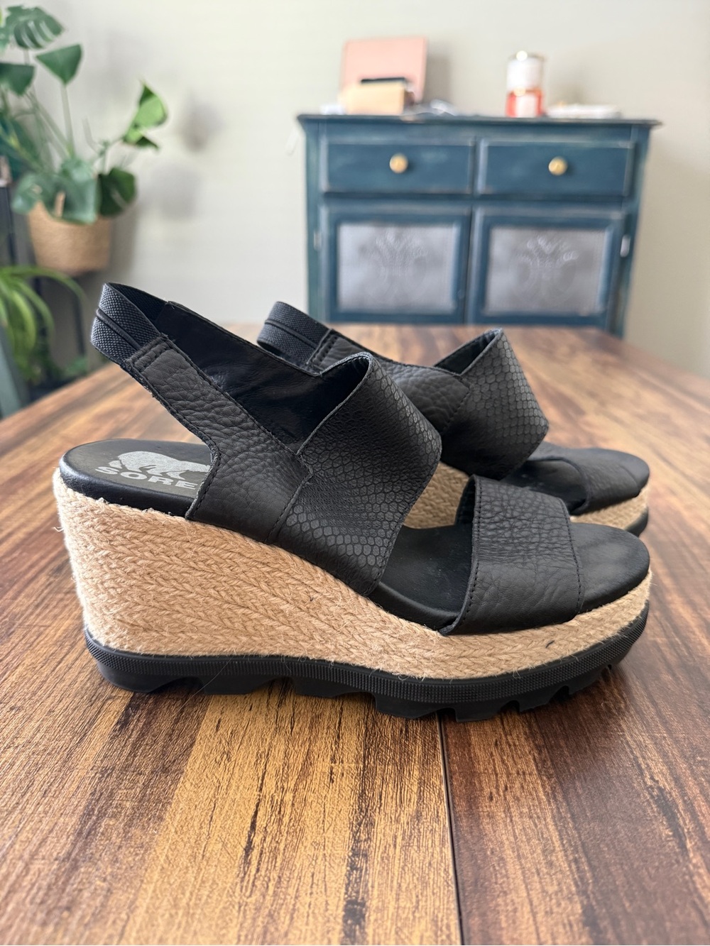 Sorel Black Leather-Look Espadrille Wedge Sandals - Picture 2 of 7